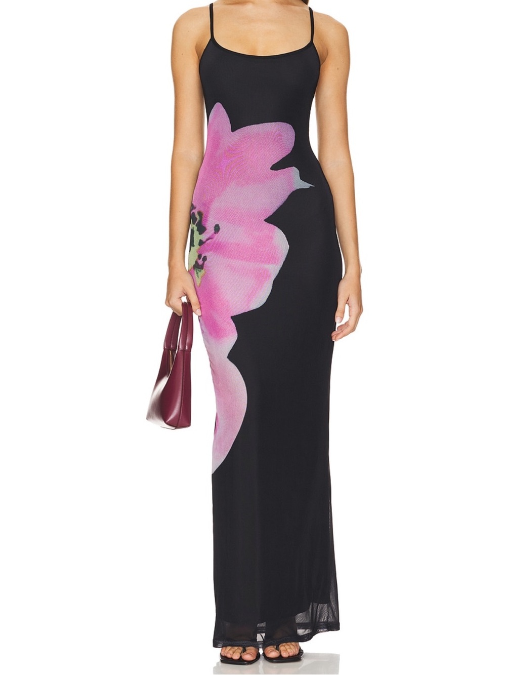 NWOT More to Come Black Maxi Slip Dress with Pink Floral Print Sz Xs